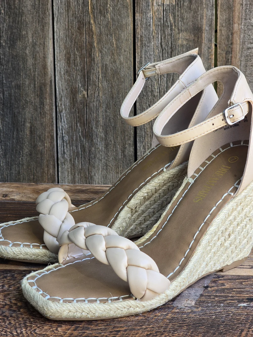 Dream Paris Braided Ankle Strap Wedge Sandals in Beige Size 7